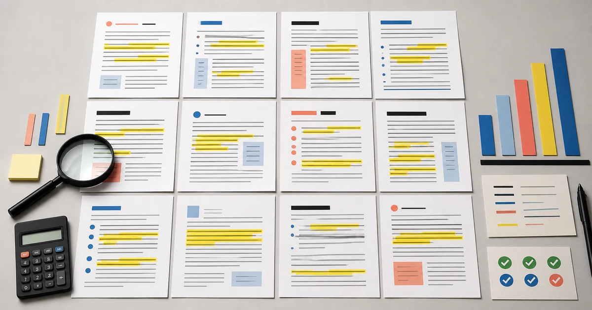 Douze documents analysés avec des passages surlignés et un graphique.